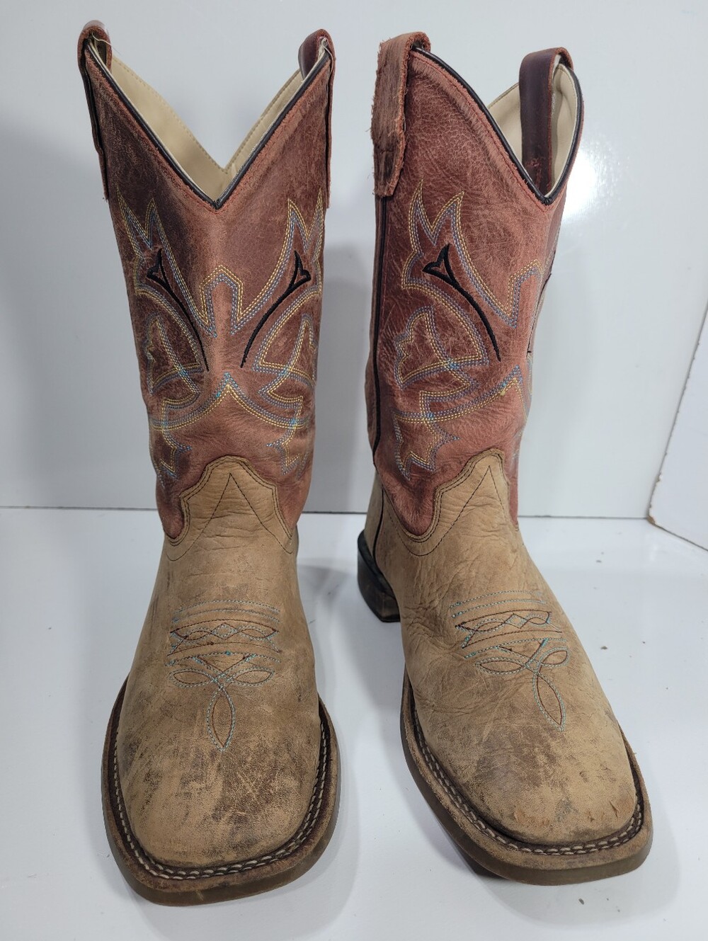 Old West BSY1912 Kids Cowboy Boots Broad Square Toe Tan Leather Youth Size 5 D